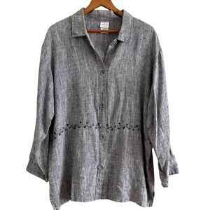 Marc Ware Linen Button Front Tunic Top Sz XL Embroidered Lagenlook Resort